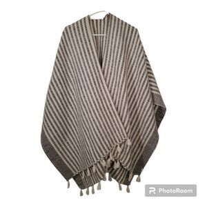 Soft knit grey and cream poncho shawl  with fringe 45 x 63 inches